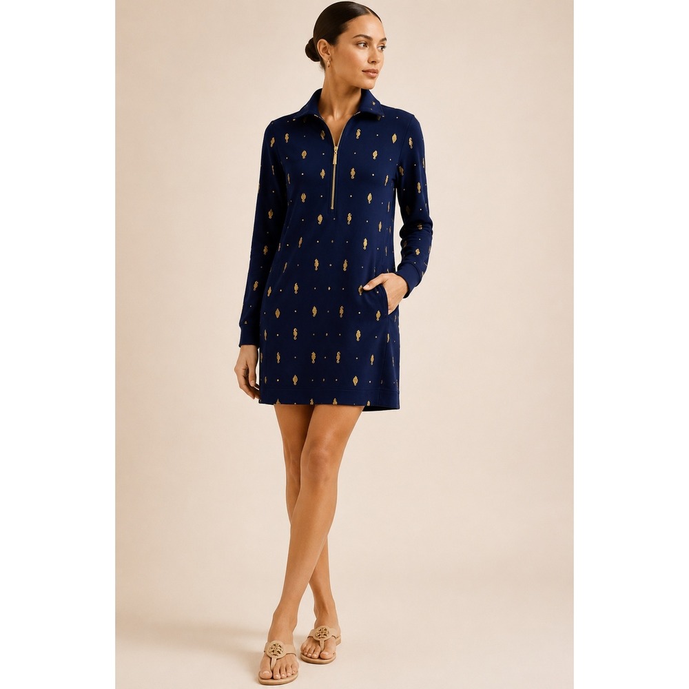 Lilly Pulitzer Skipper Ruffle Shift Dress L UPF 50+ Navy Nautical Coastal Cruise